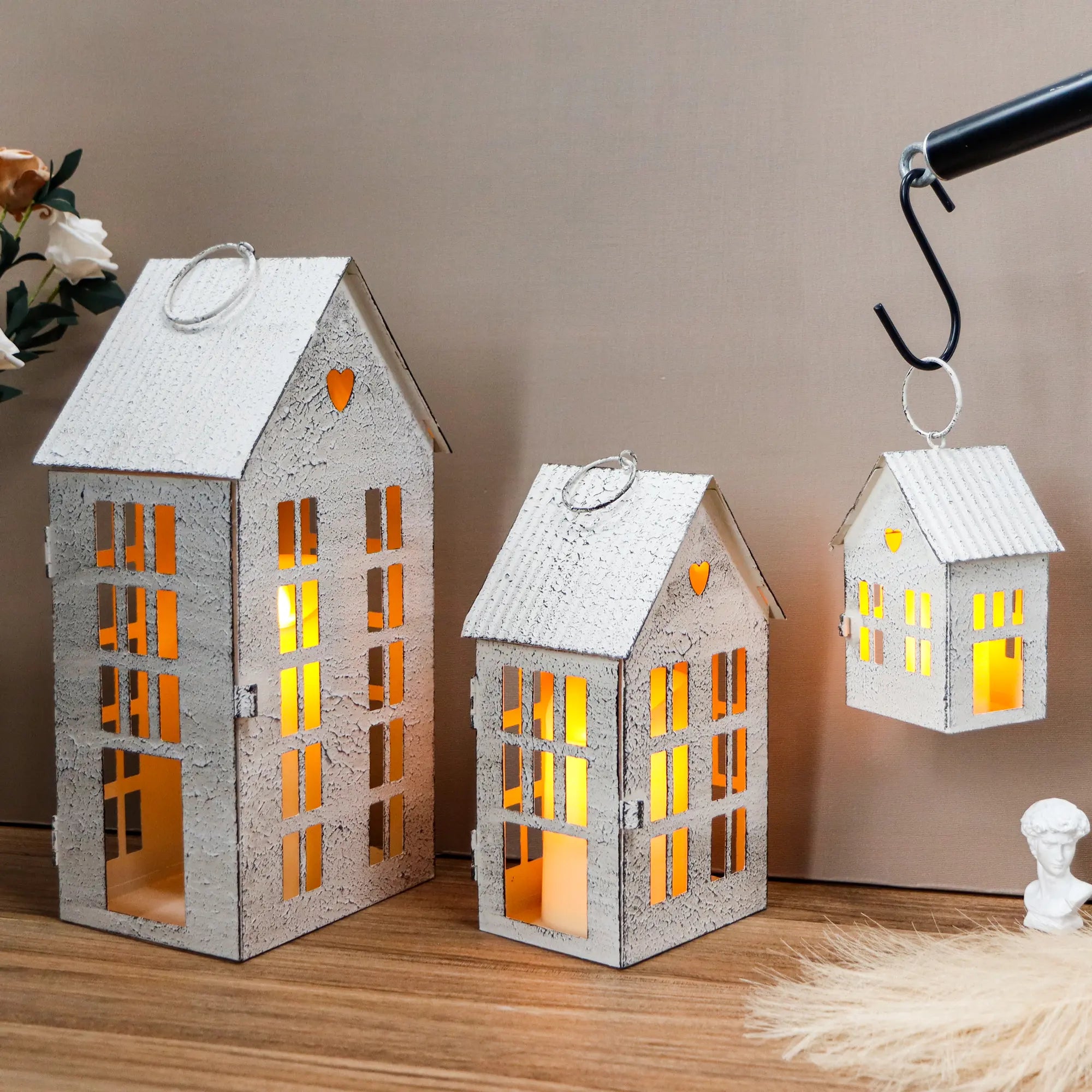13.5"&9.5"&5.5"H Village Farmhouse House Candle Holders for Home Decor Patio Wedding-4