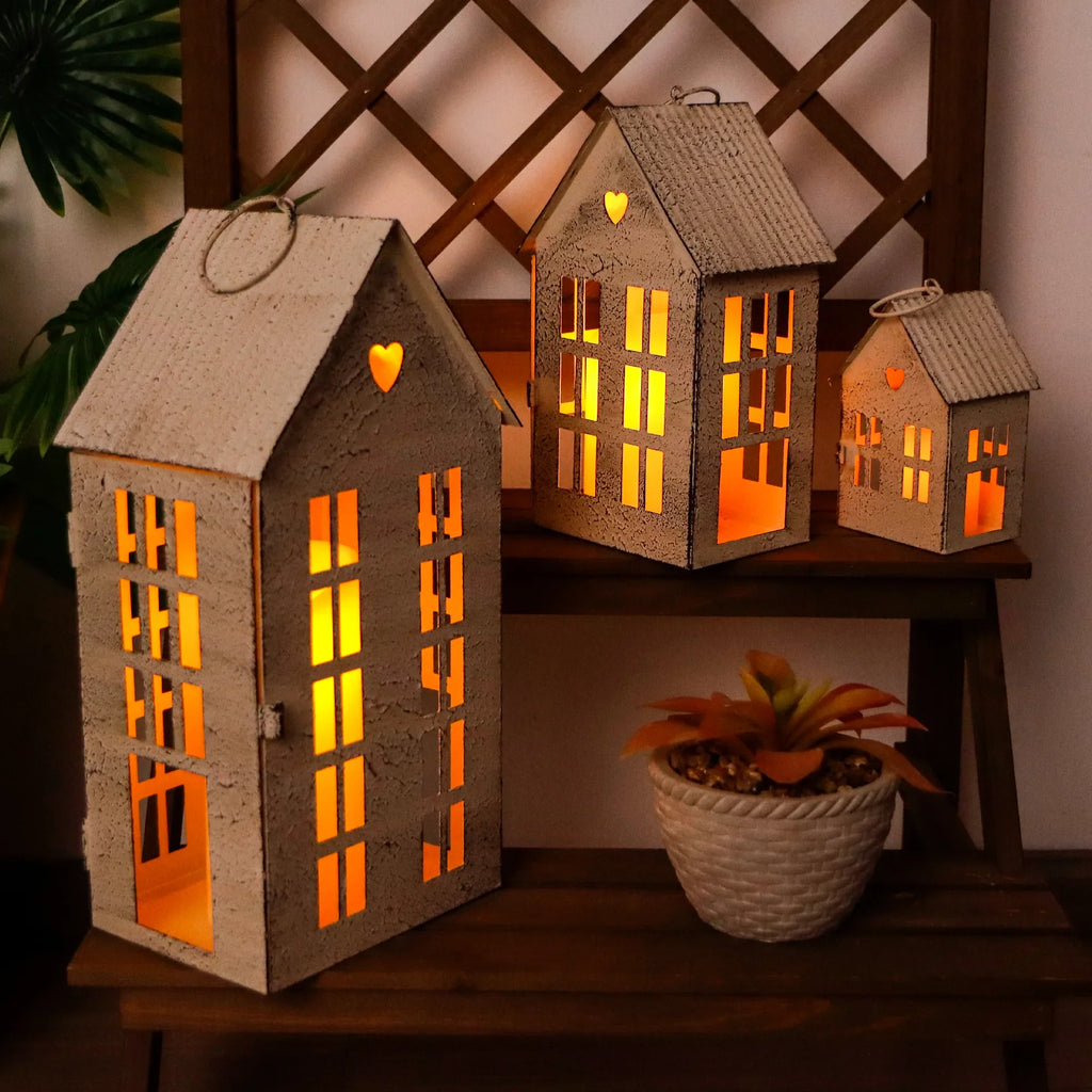 13.5"&9.5"&5.5"H Village Farmhouse House Candle Holders for Home Decor Patio Wedding-2