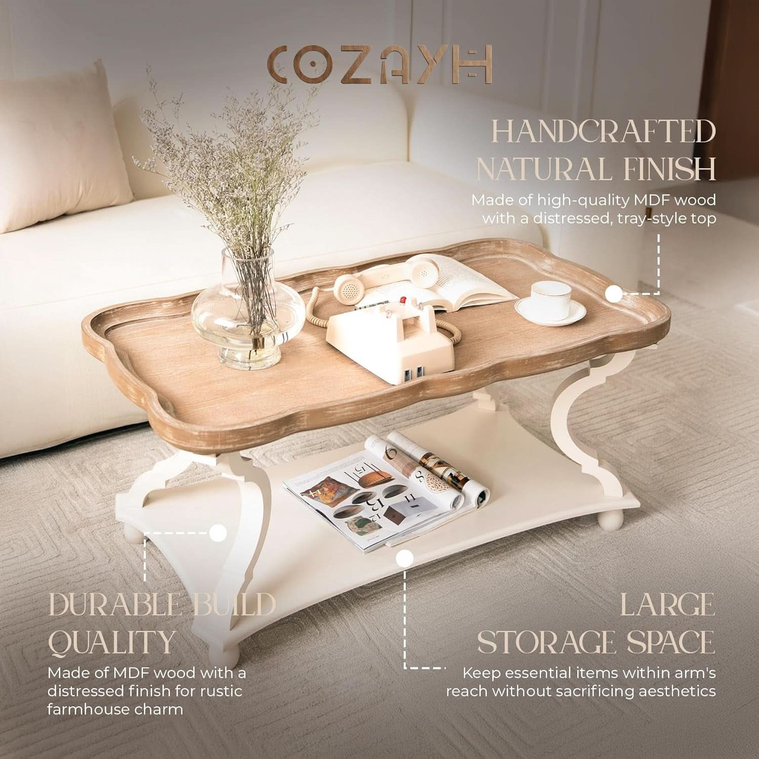 Handcrafted Farmhouse Natural Tray Top Coffee Table-3