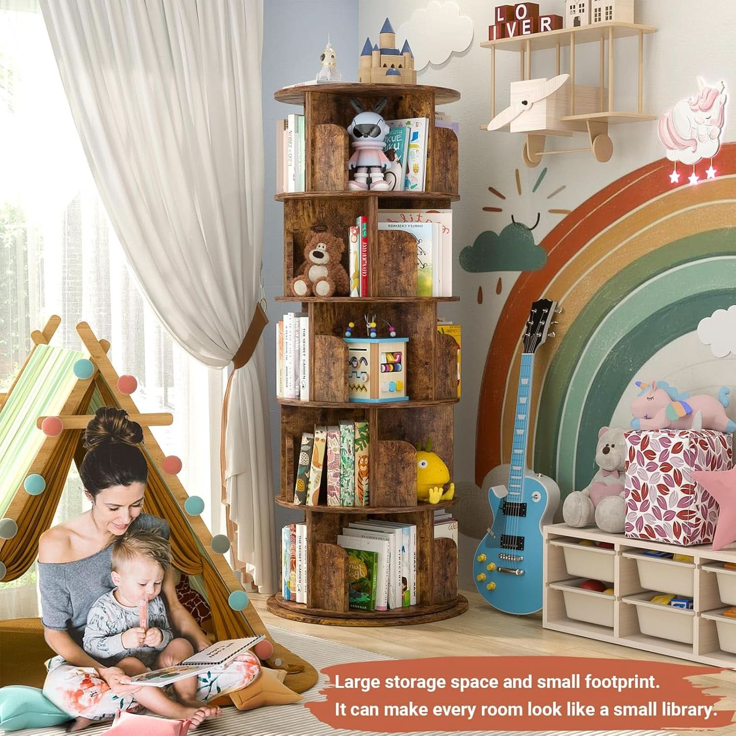 Rotating Five Tier Bookcase Rustic Brown Finishing-3