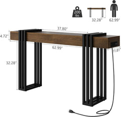 63Inch Walnut Console Table Sleek With Power Outlet-0