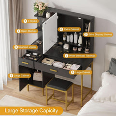 Black Vanity Desk With Multifunctional LED Lighting-4