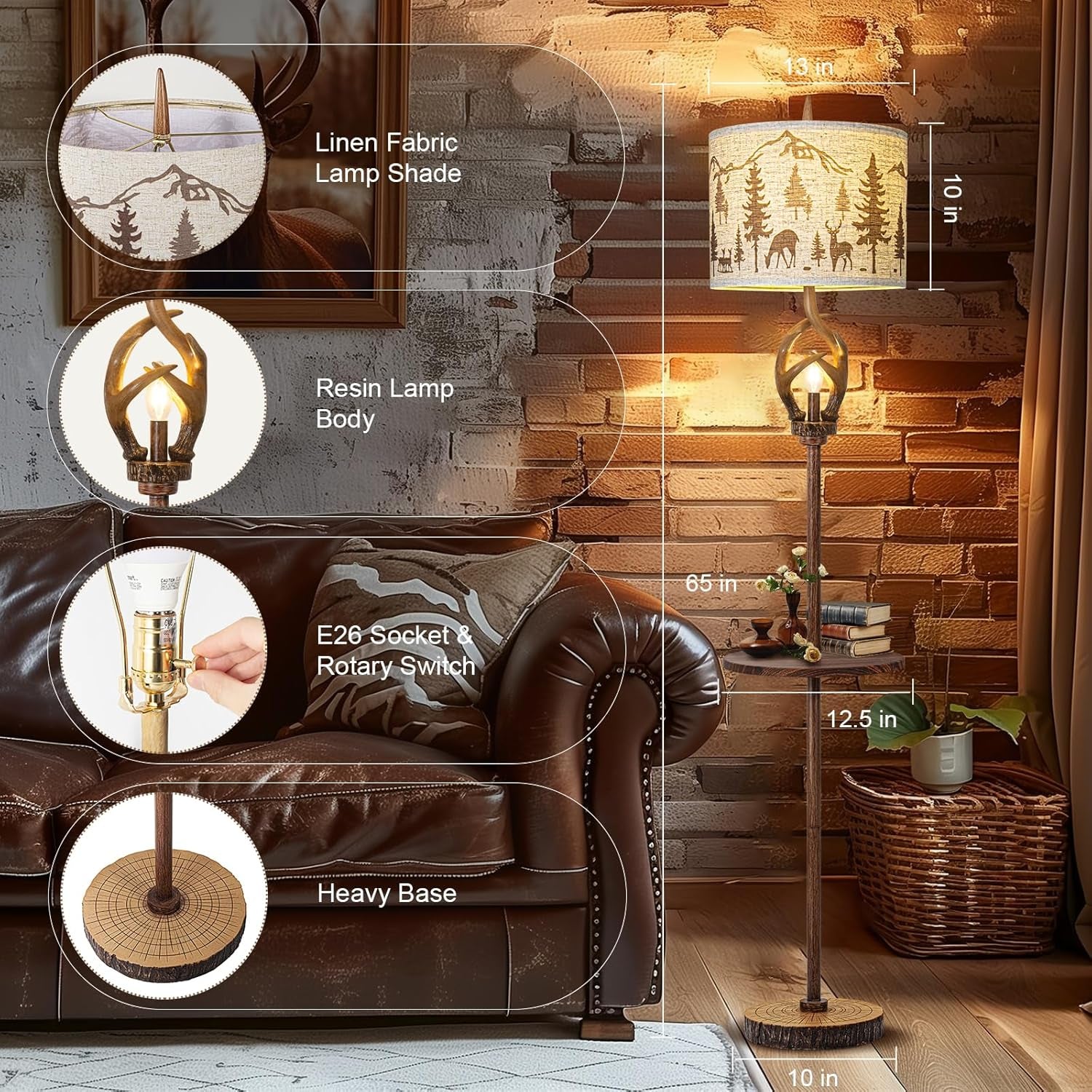 Sixty Five Inch Tall Rustic Deer Antler Floor Lamp Nightlight-1