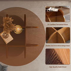 Contemporary Circular Glass Coffee Table Wooden Legs-2
