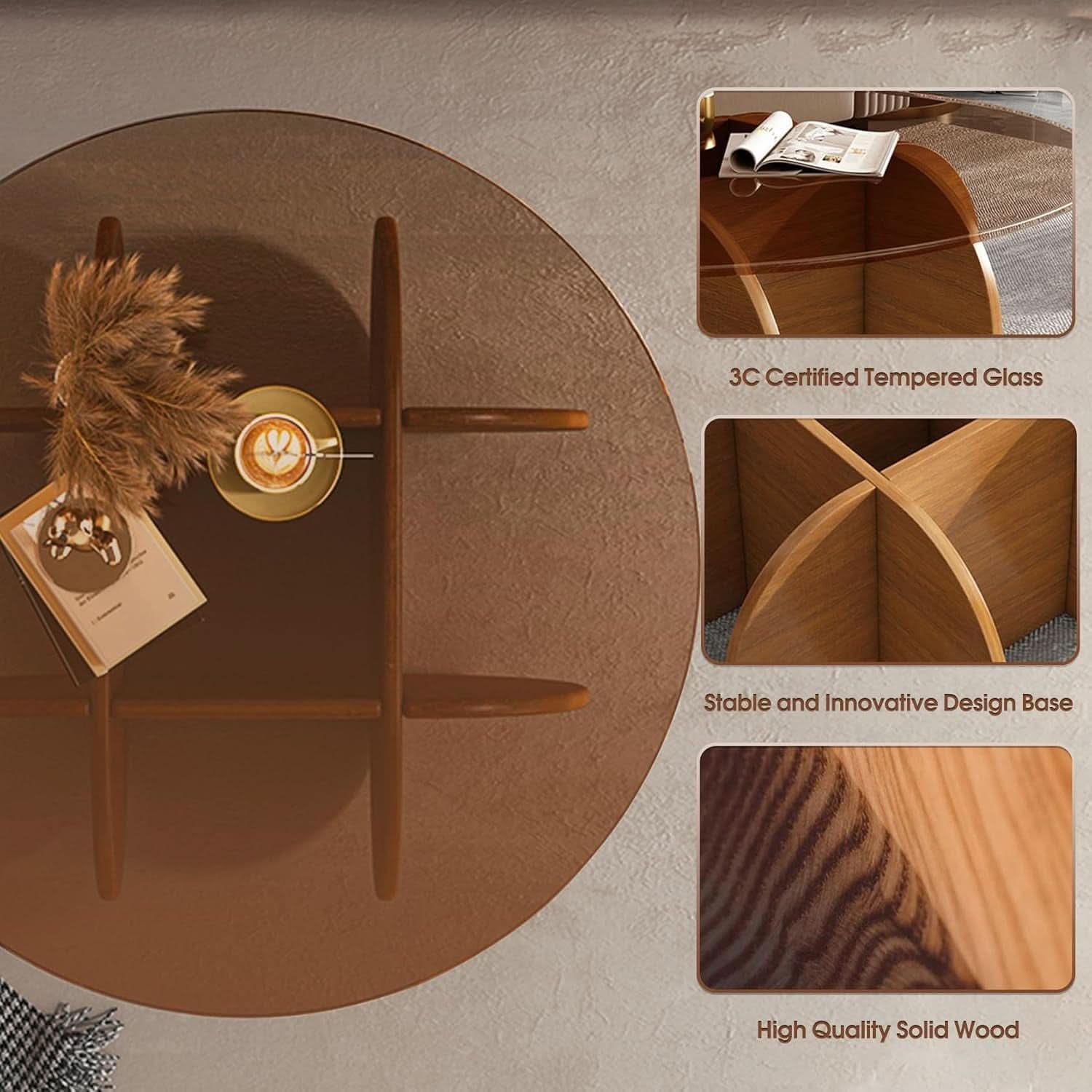 Contemporary Circular Glass Coffee Table Wooden Legs-2