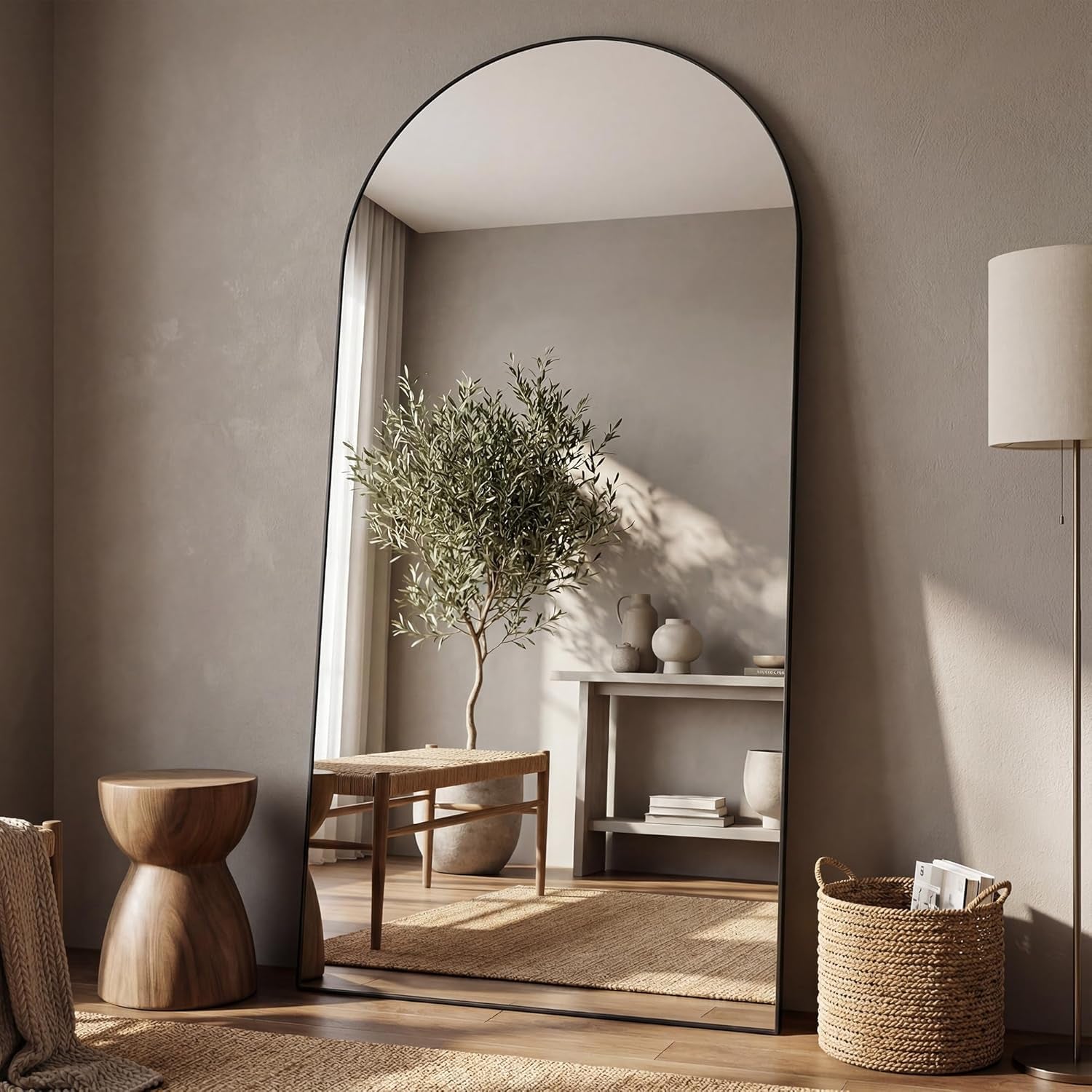 Matte Black Full Length Floor Mirror 76x34 Arched Freestanding-1