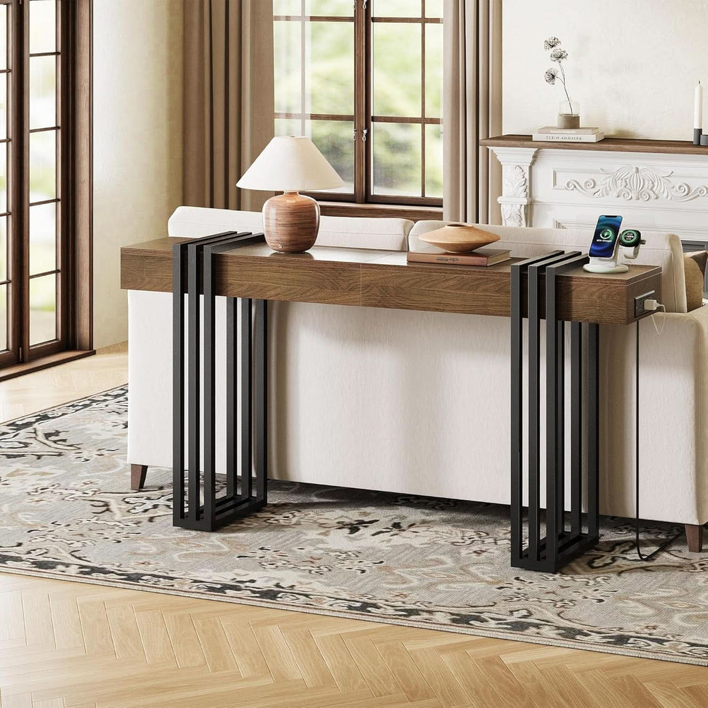 63Inch Walnut Console Table Sleek With Power Outlet-2