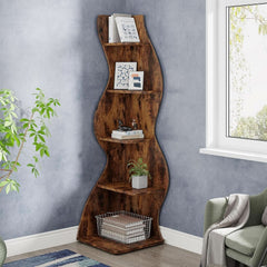 Rustic 5-Tier Corner Shelf All-Brown Bookshelf Storage-1