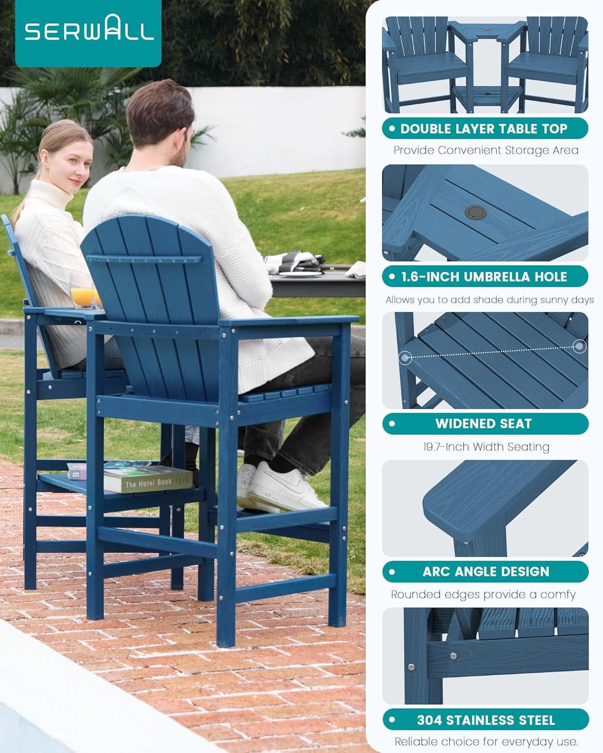 Widened Tall Adirondack Chairs Set with Double Tray-3