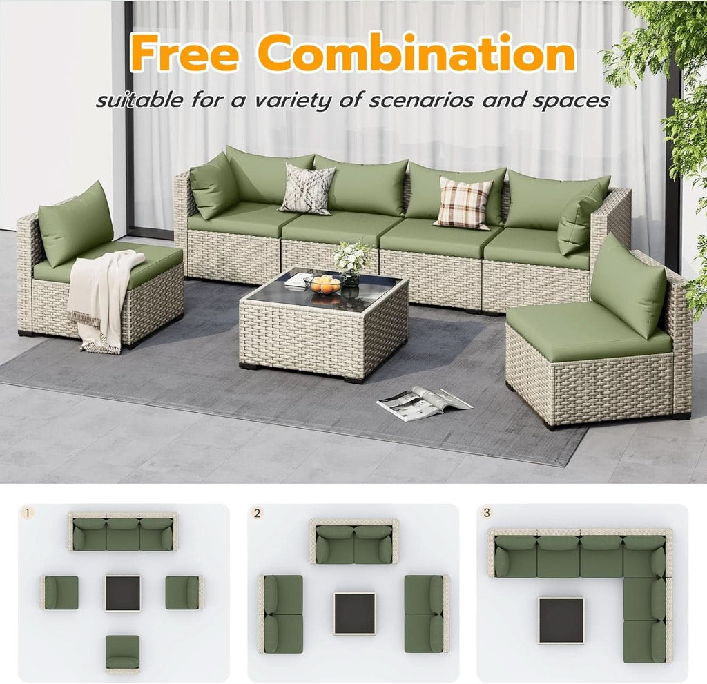 Patio 7 Piece PE Wicker Sectional Sofa Set Table Green-4