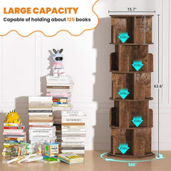 Rotating Five Tier Bookcase Rustic Brown Finishing-2