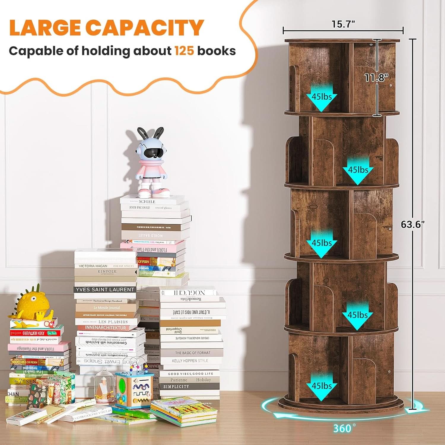 Rotating Five Tier Bookcase Rustic Brown Finishing-2