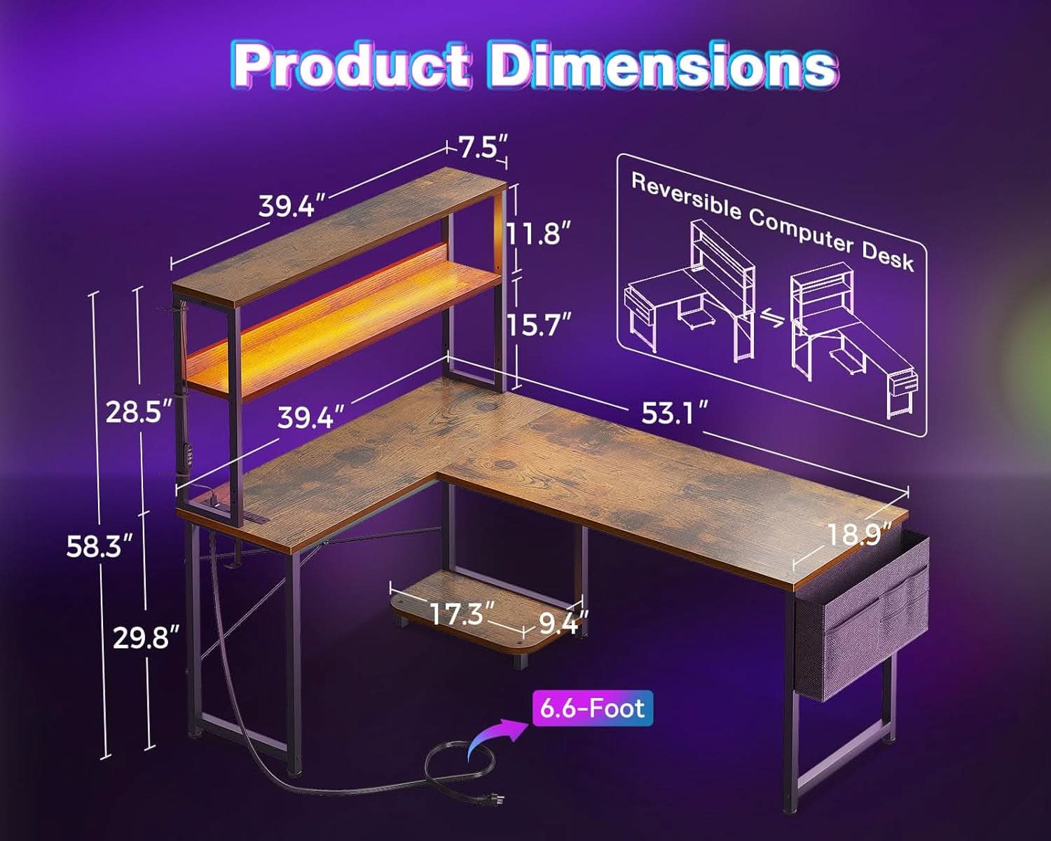 53 Inch L Shaped Desk With LED Lights And Power Outlet-2