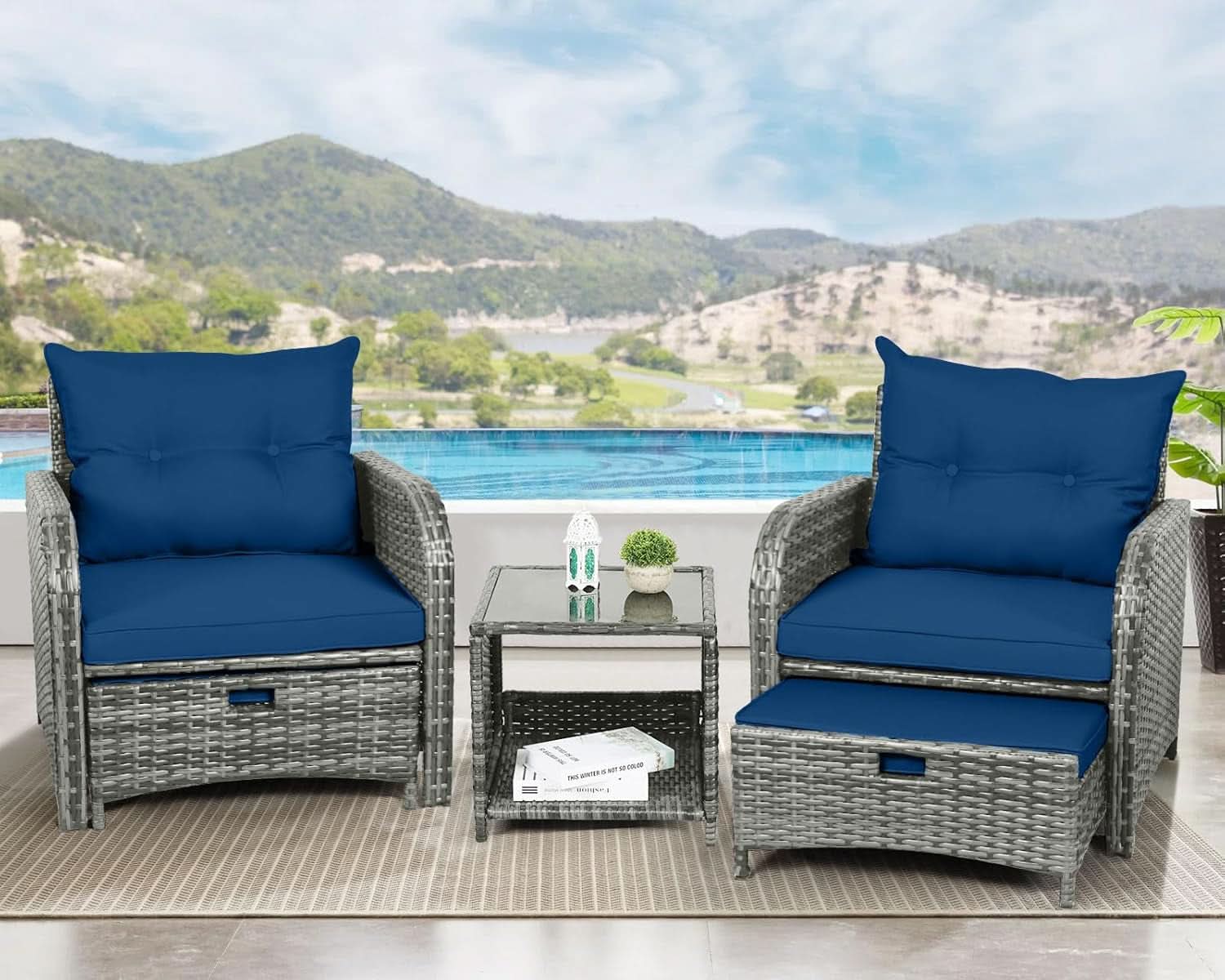 5 Pieces Wicker Outdoor Patio Chairs Set With Ottoman Blue-1