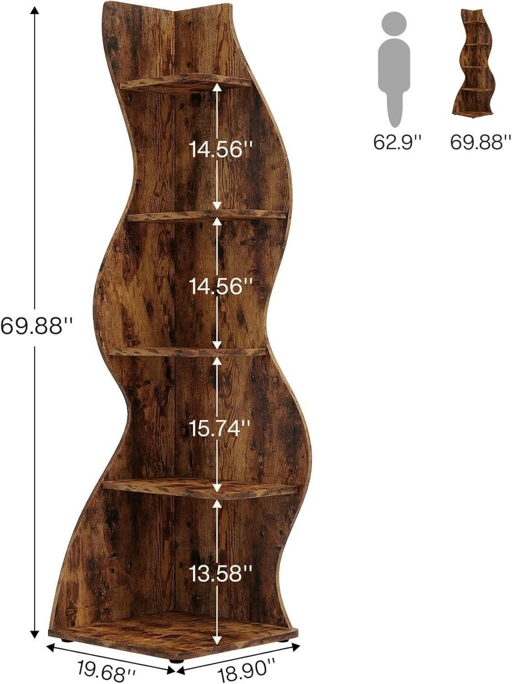 Rustic 5-Tier Corner Shelf All-Brown Bookshelf Storage-2
