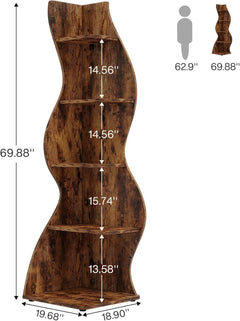 Rustic 5-Tier Corner Shelf All-Brown Bookshelf Storage-2
