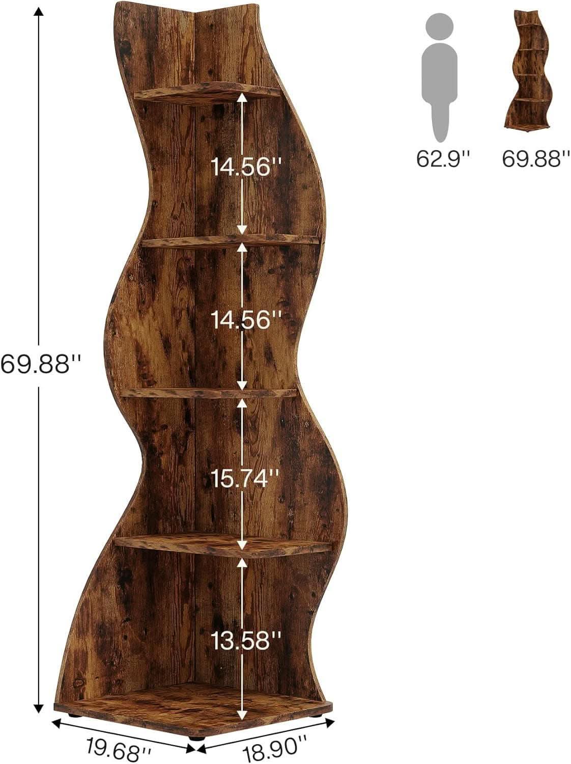 Rustic 5-Tier Corner Shelf All-Brown Bookshelf Storage-2