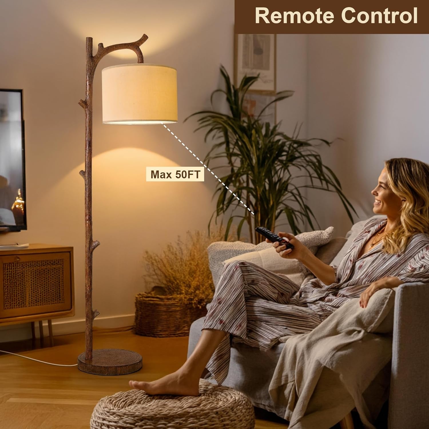 Brown Farmhouse Rustic Brushed Walnut Floor Lamp Remote