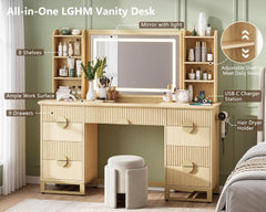 Oak Fluted Vanity Desk 60 Inch Tempered Glass Table top-3