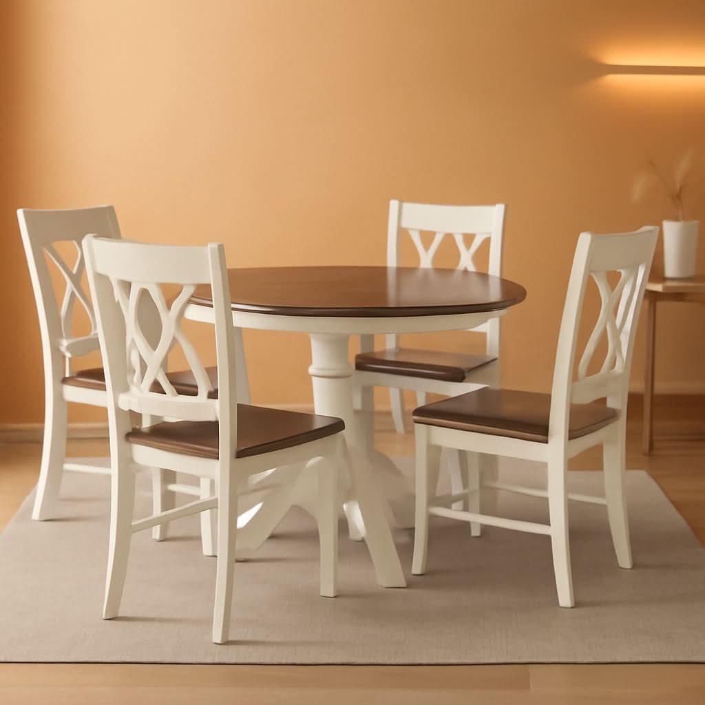 Round Dining Table Set Distressed White Five Piece Set-4
