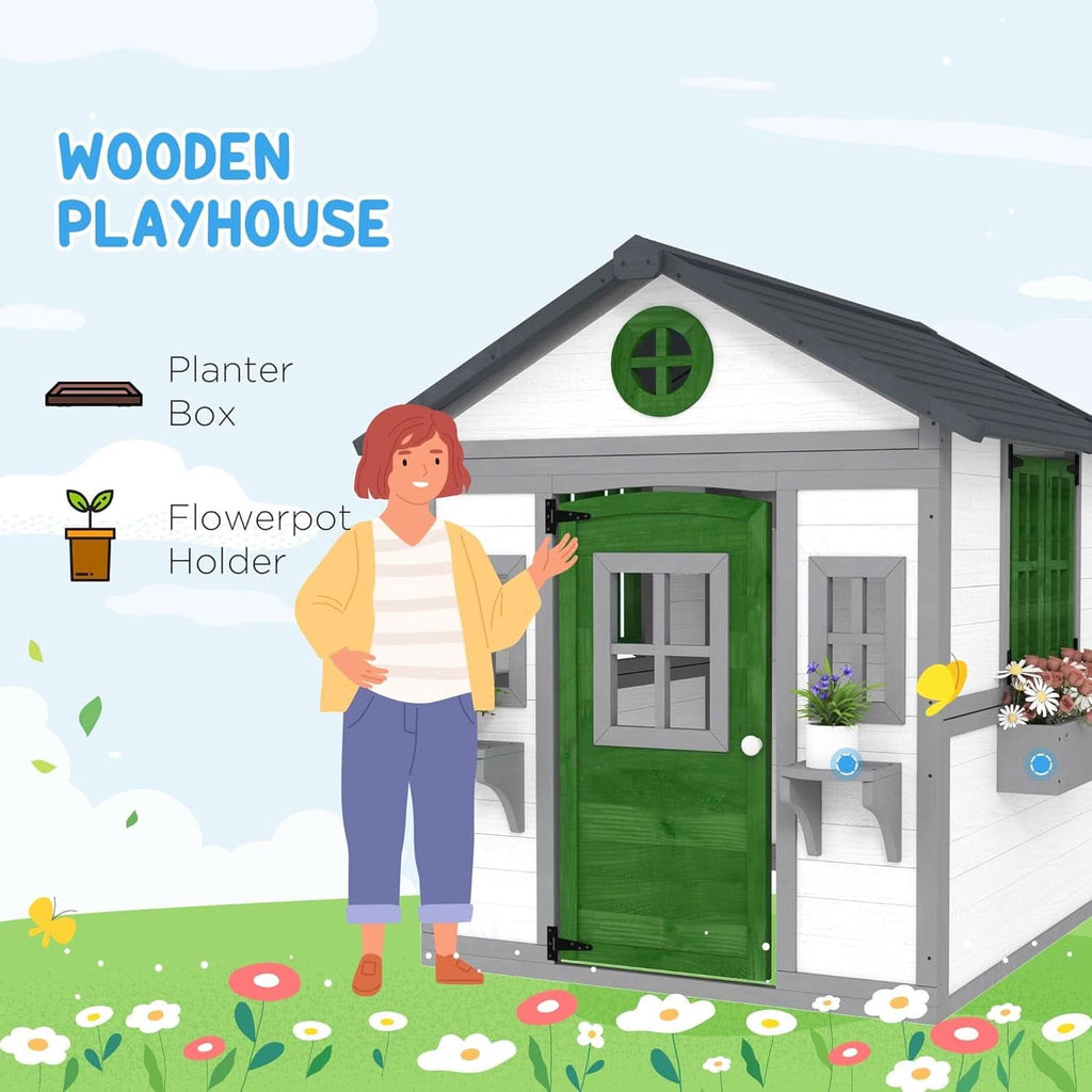 Outdoor Wooden Cottage Playhouse With Planter Boxes-2