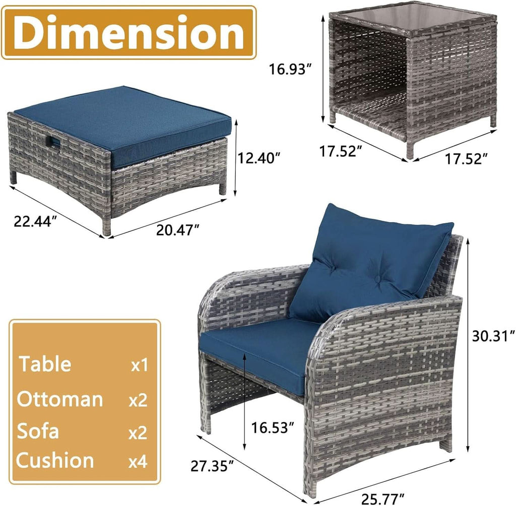 5 Pieces Wicker Outdoor Patio Chairs Set With Ottoman Blue-4