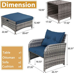 5 Pieces Wicker Outdoor Patio Chairs Set With Ottoman Blue-4