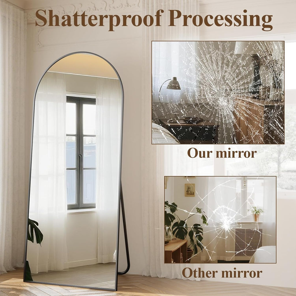 Arched Full Length Mirror 71x26 Inch Floor Standing Black Aluminum Frame-4