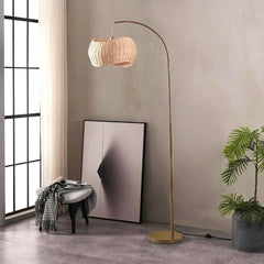 Brass Wave Arc Floor Lamp Handwoven Wicker Shade Aura-4