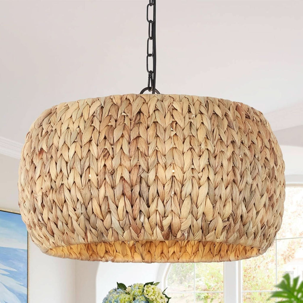 5 Light Farmhouse Rattan Chandelier Natural Water Hyacinth Shade-0