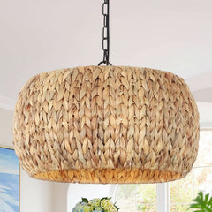 5 Light Farmhouse Rattan Chandelier Natural Water Hyacinth Shade-0