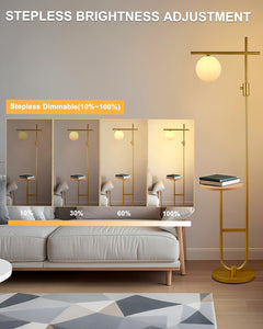 Living room with a gold floor lamp and stepless brightness adjustment feature displayed.