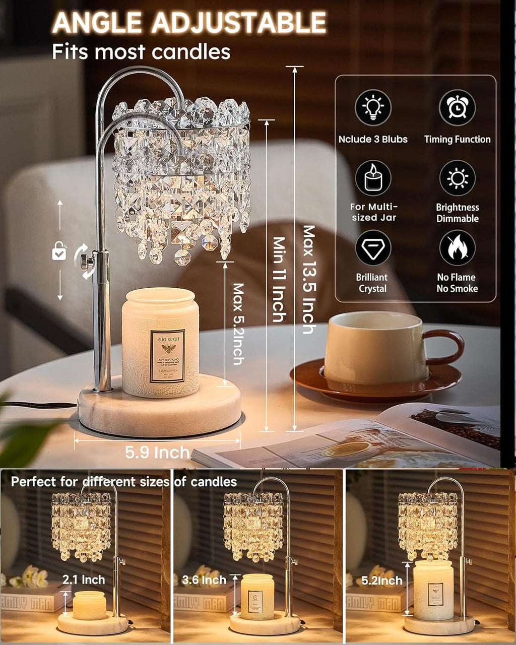 Crystal Candle Warmer Lamp Adjustable Dimmer Silver