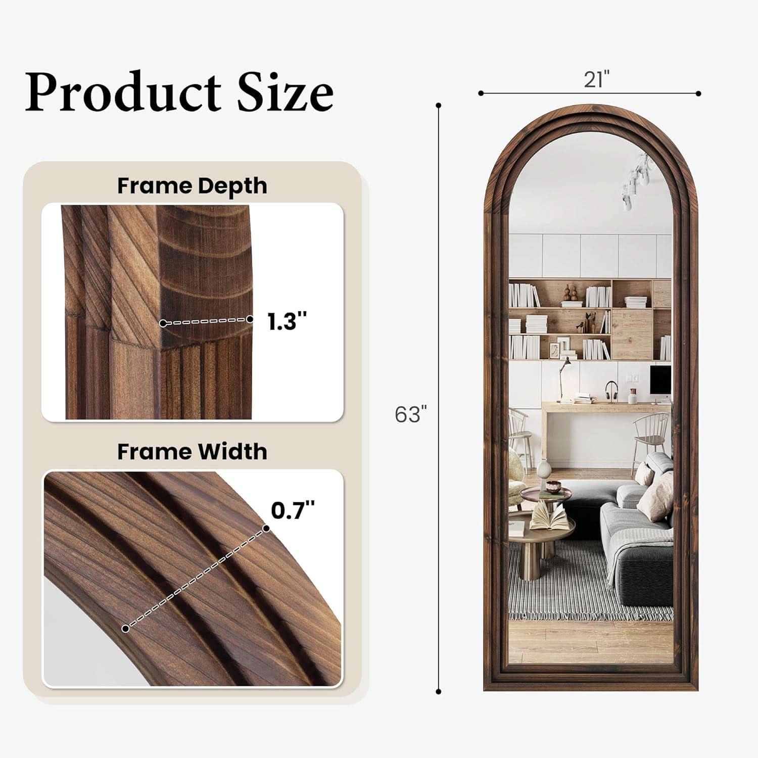 Arched Full Length Floor Mirror 63x21Inches Walnut-1
