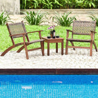 3 Piece Patio Conversation Set With Solid Eucalyptus Wood Frame And Brown Rattan Wicker-1