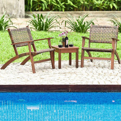3 Piece Patio Conversation Set With Solid Eucalyptus Wood Frame And Brown Rattan Wicker-1