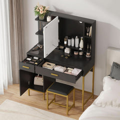 Black Vanity Desk With Multifunctional LED Lighting-1
