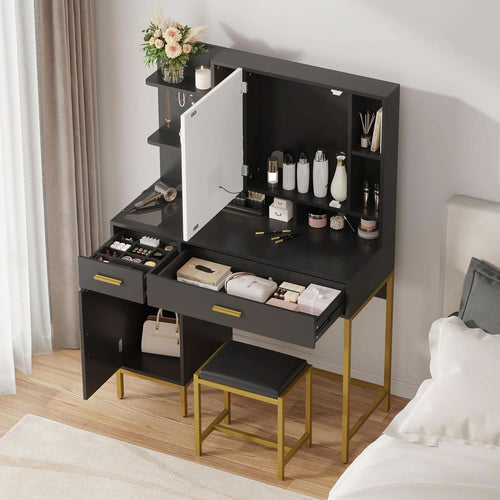 Black Vanity Desk With Multifunctional LED Lighting-1