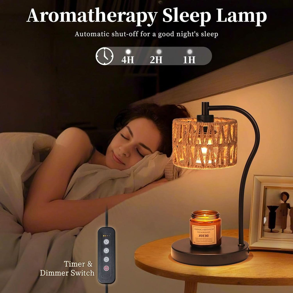 Candle Warmer Lamp With Fully Dimmable Rattan Shade