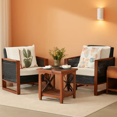 3 Piece Patio Wicker Furniture Set With Beige Washable Cushions And Acacia Wood Coffee Table-0