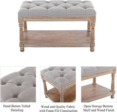 Grey Tufted Upholstered Storage Ottoman Bench Shelf-2