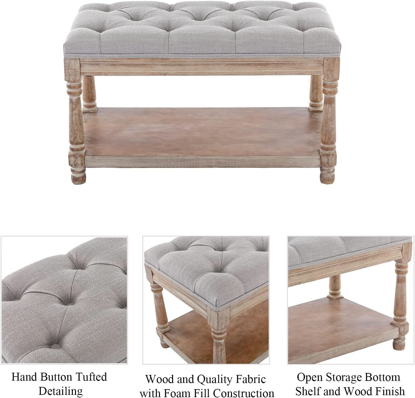 Grey Tufted Upholstered Storage Ottoman Bench Shelf-2