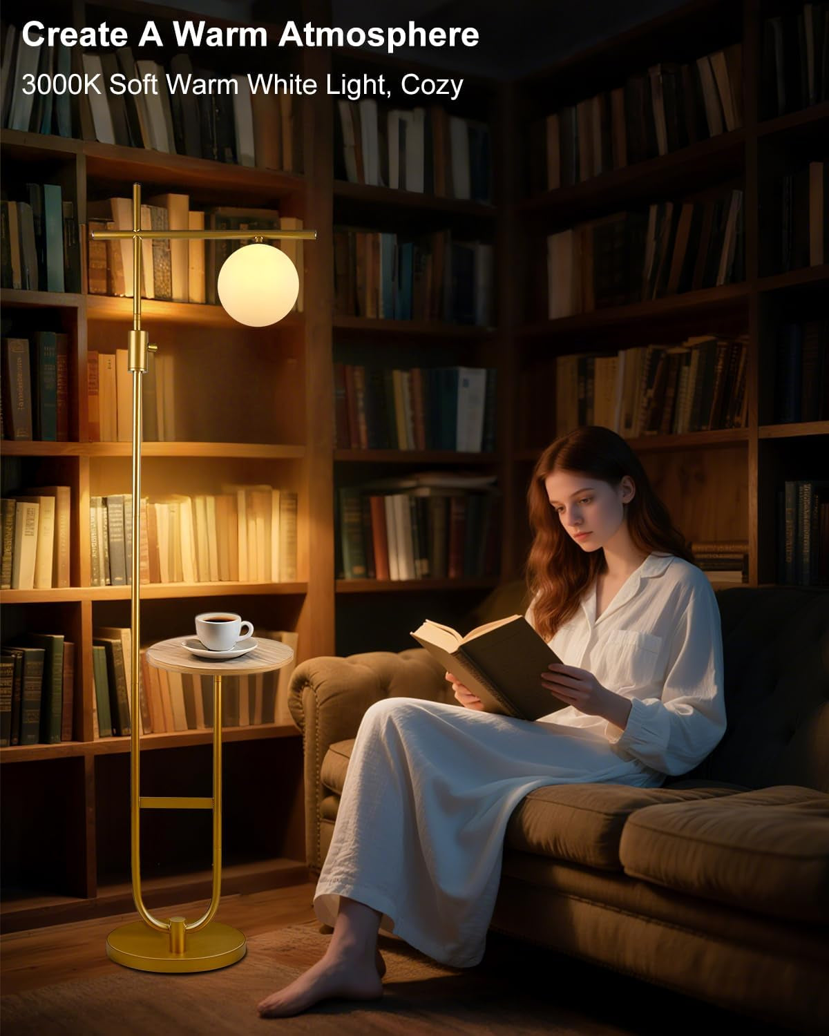 Woman reading a book in a cozy room with a gold standing lamp and bookshelves.