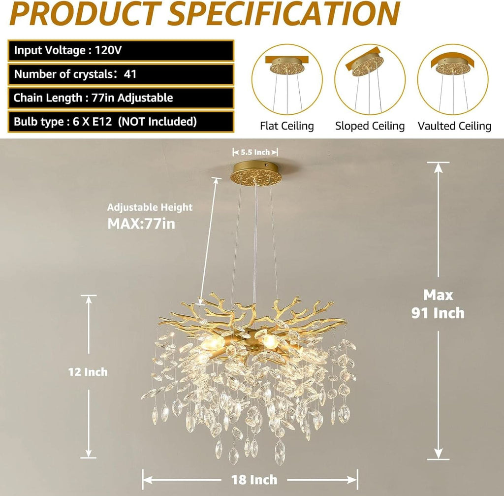 Gold Crystal Tree Branch Chandelier 18 Inch K9 Crystals-3