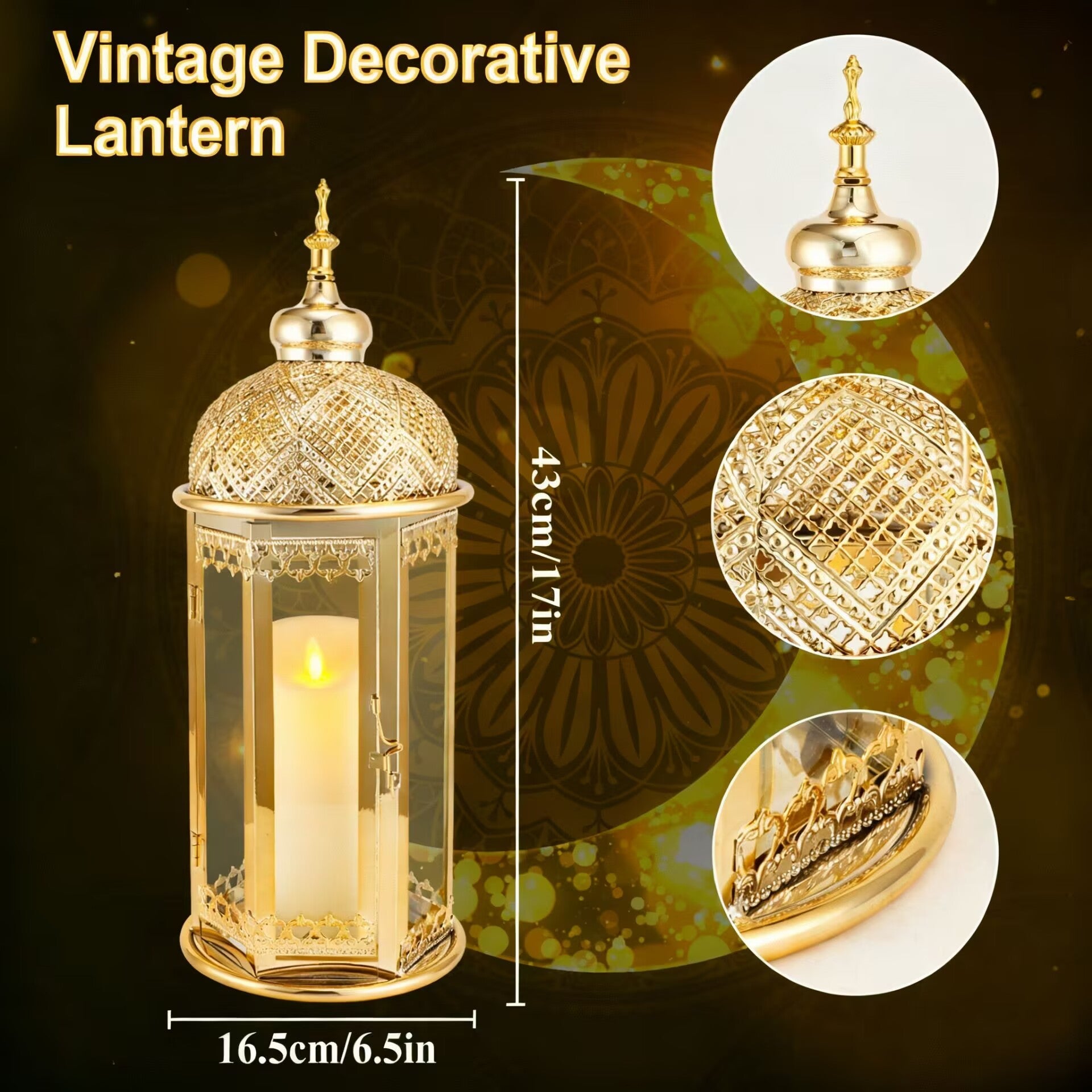 Moroccan Candle Lantern 37cm High Gold Candle Holder with Tempered Glass （40pcs）-1