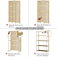 No Assembly Foldable Bookshelf 4 Tier Gold Bookcase-3