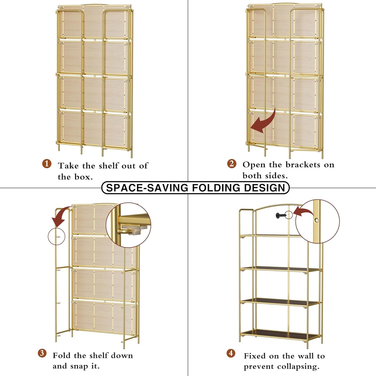 No Assembly Foldable Bookshelf 4 Tier Gold Bookcase-3