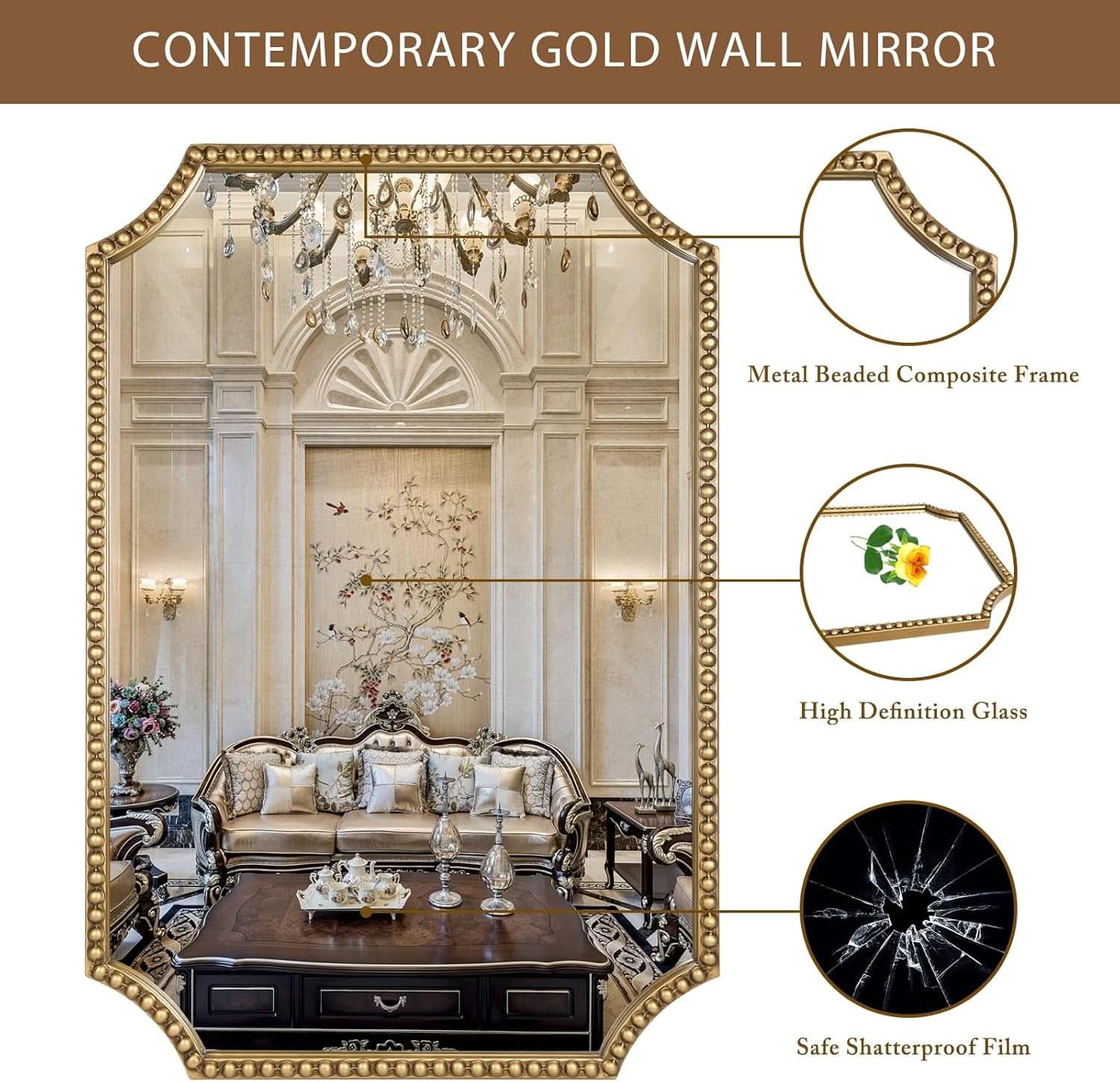 30 X 40 Inch Wall Mirror With Antique Gold Beaded Frame-2