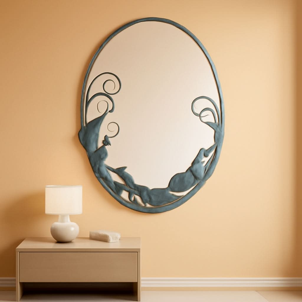 Dolphin Trio Wall Mirror Cast Iron Verdigris Finish 26 Inch-2