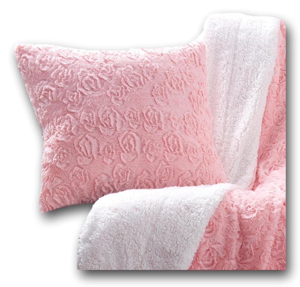 DaDa Bedding Rosey Pastel Blossom Pink Faux Fur Euro Throw Pillow Cover (171752)-0